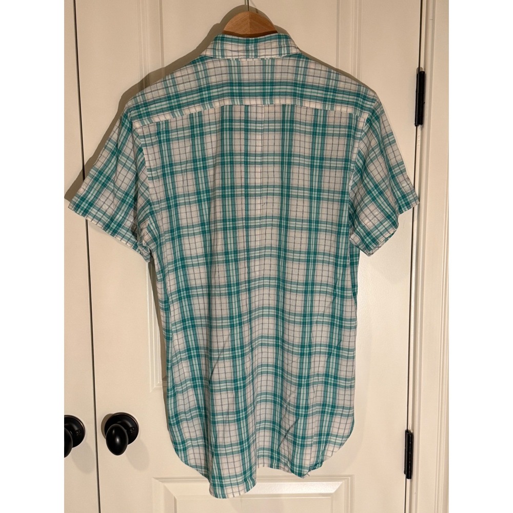 Billy Reid Mens Teal White Plaid Short Sleeve Button Down Shirt Standard Cut M - Picture 4 of 6